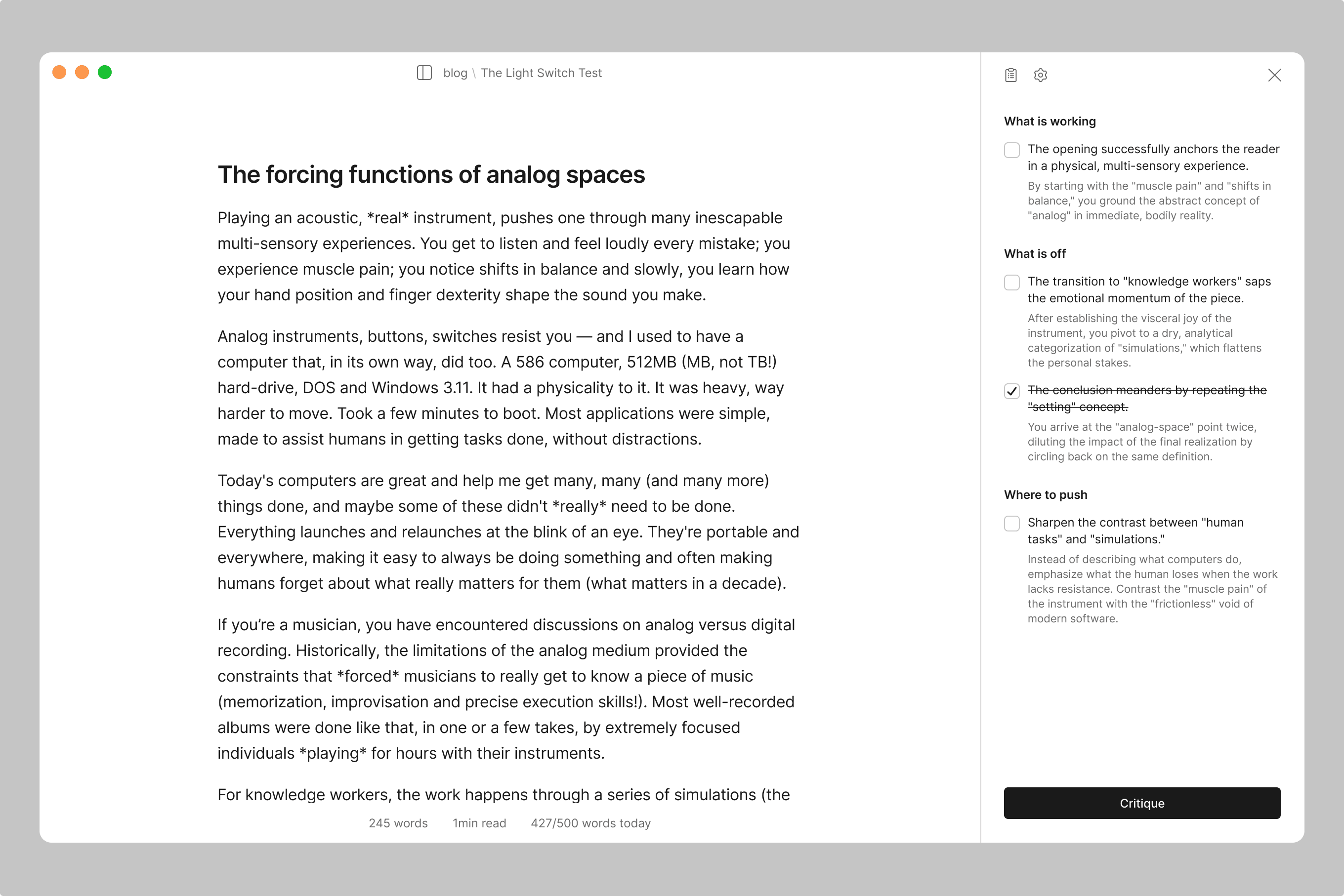 The app: Urca, a quiet writing surface with a resident critic. The name was inspired by a quiet neighborhood in Rio.