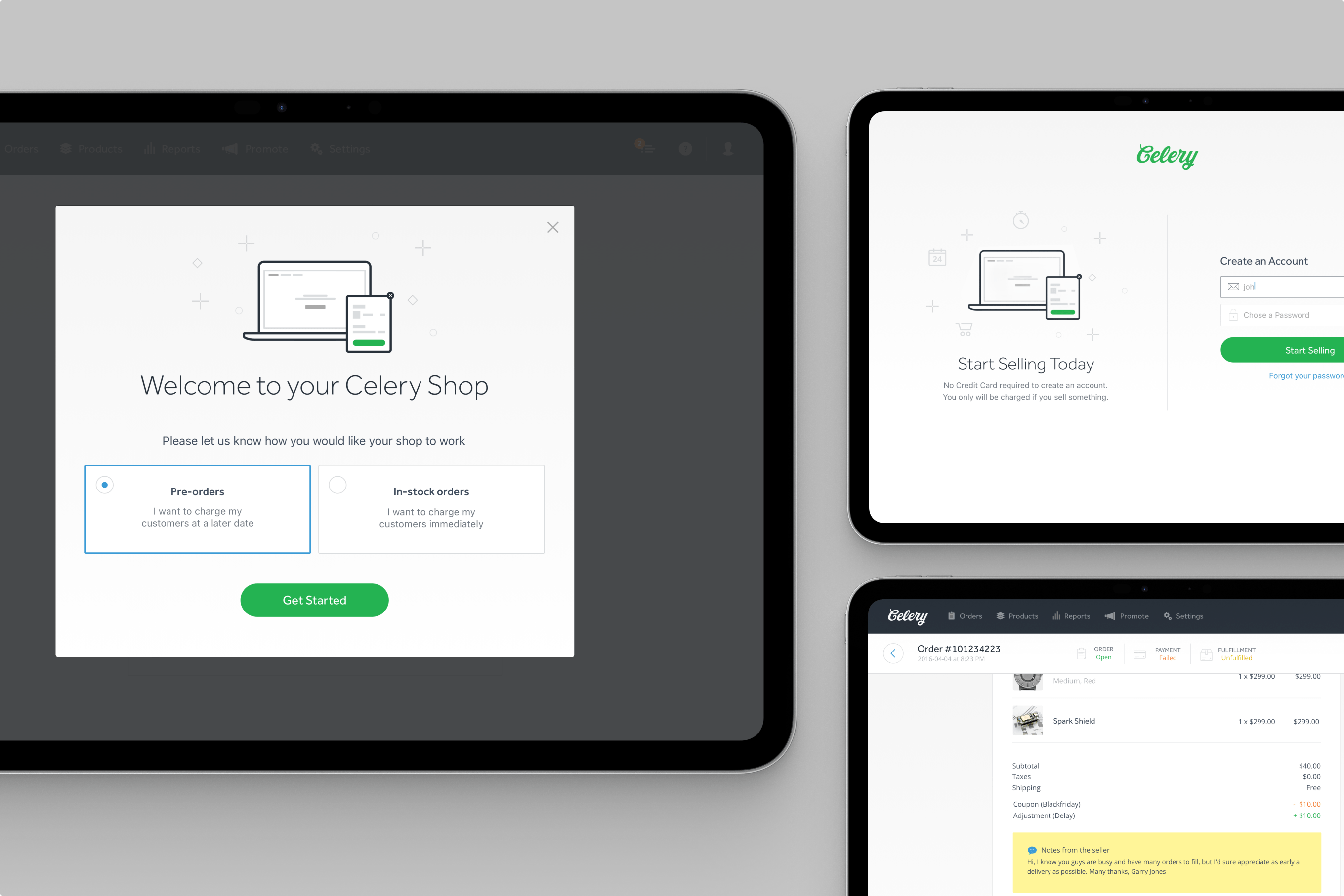 Dashboard onboarding and order management — guiding new merchants while serving complex workflows.