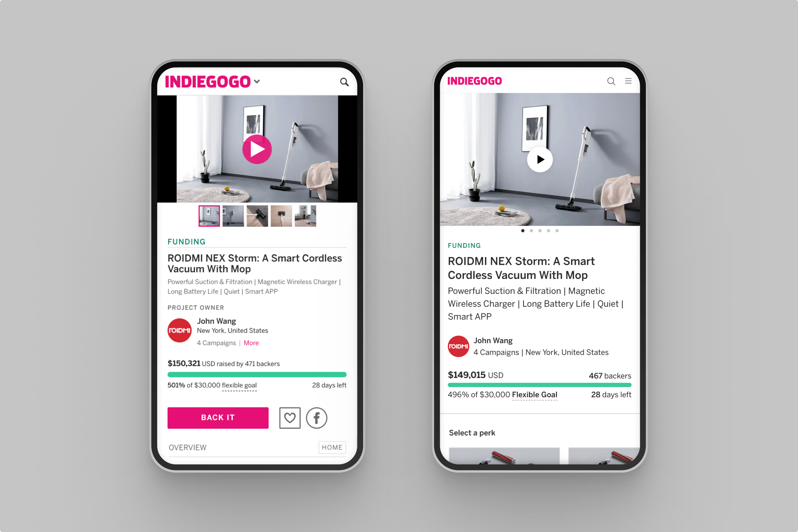 Mobile campaign page, before and after — new information architecture helped bridge the 20% conversion difference between mobile and desktop.
