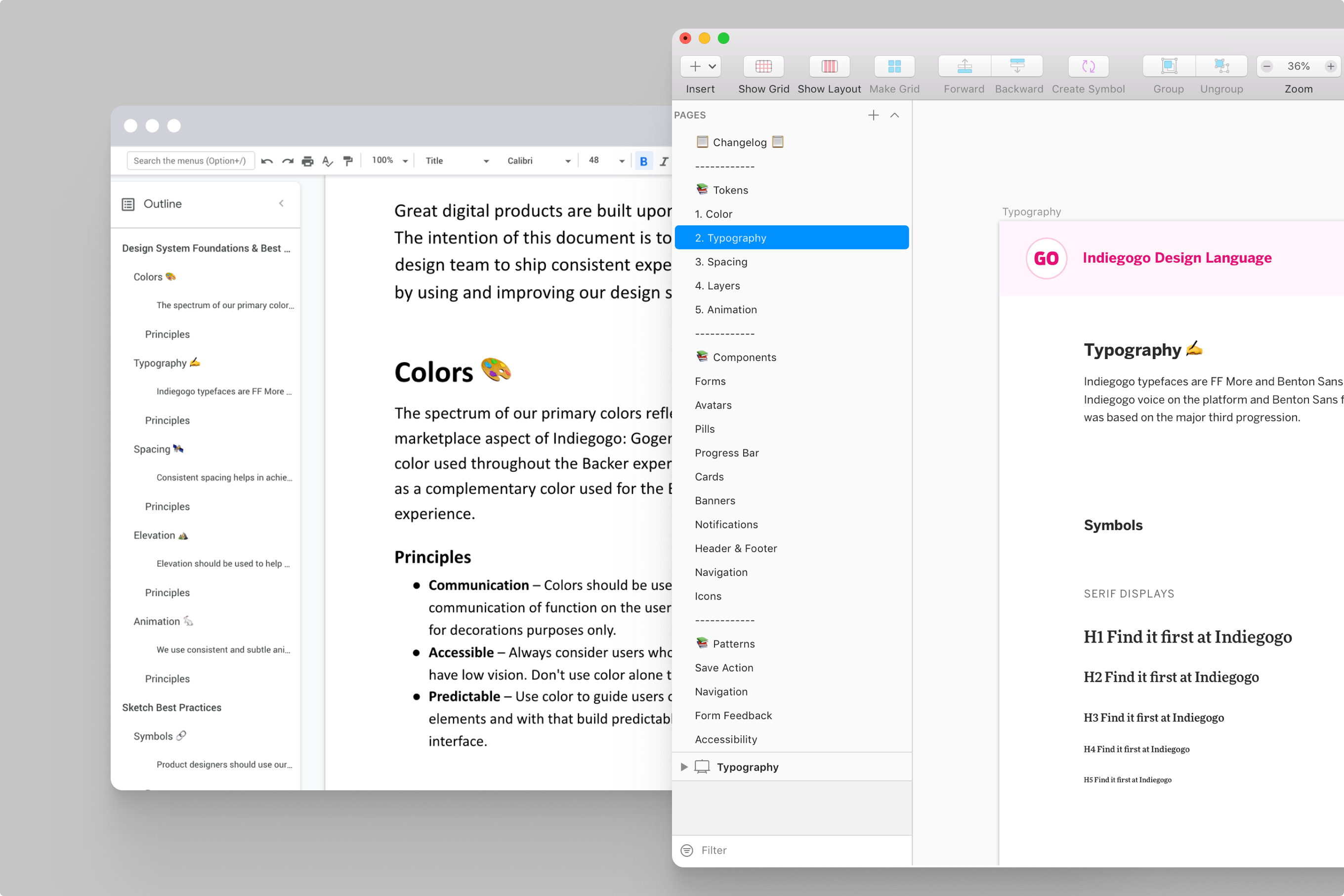 Design system foundation — color principles, typography tokens, and component patterns connected to production code.