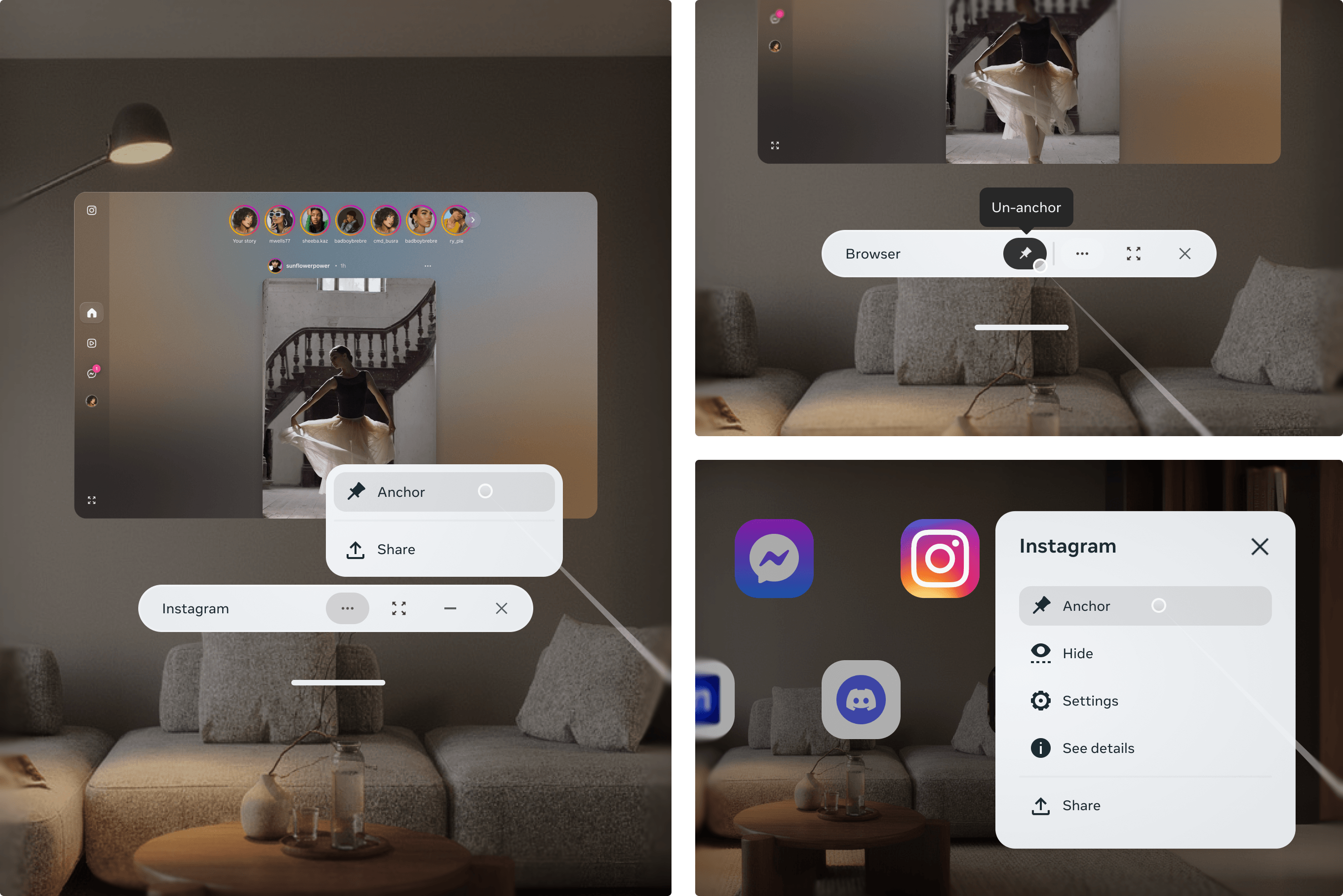 Anchoring actions — how users can anchor apps to surfaces and release them back into free space.