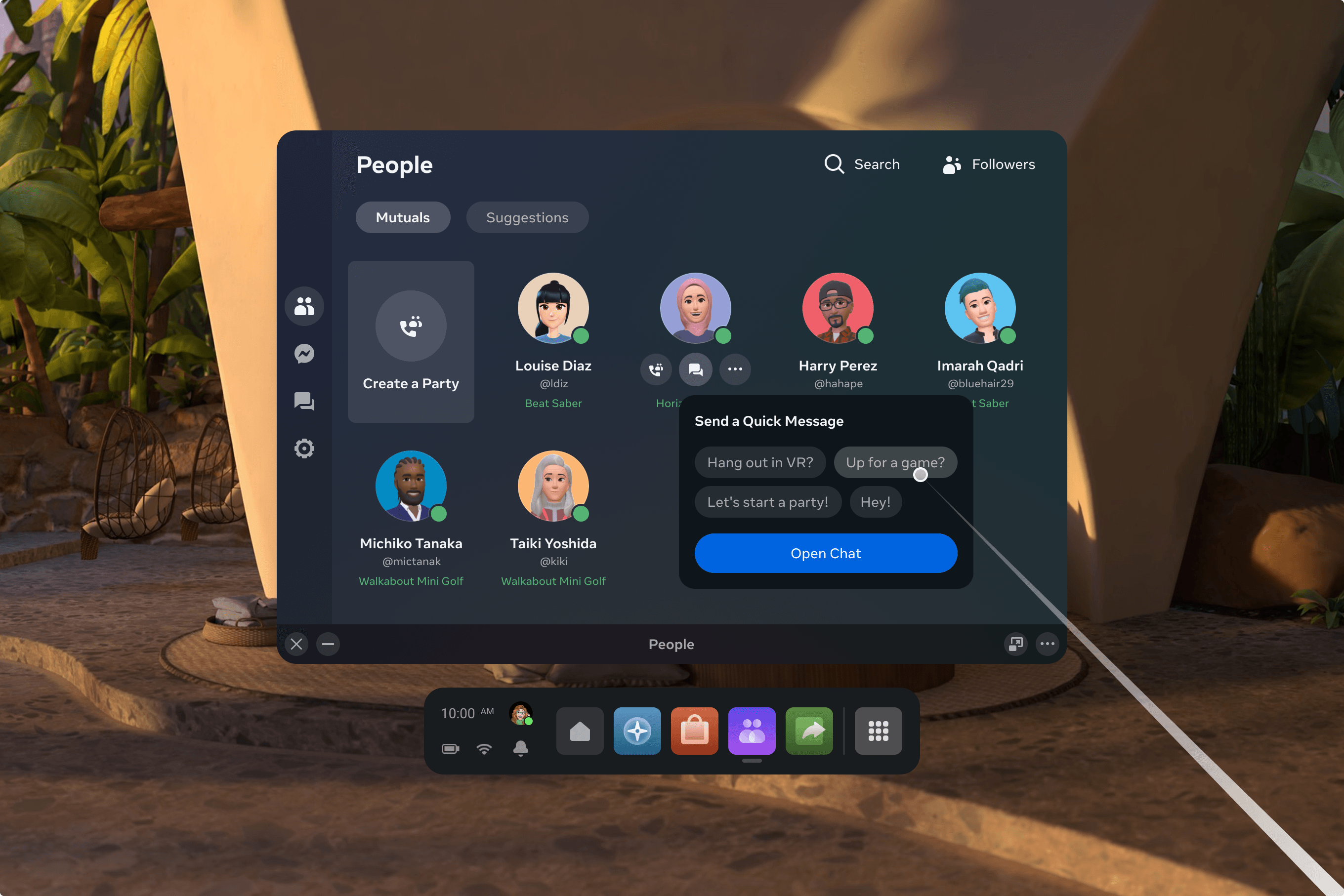 People tab — a unified surface for finding friends, starting parties, and sending quick messages.